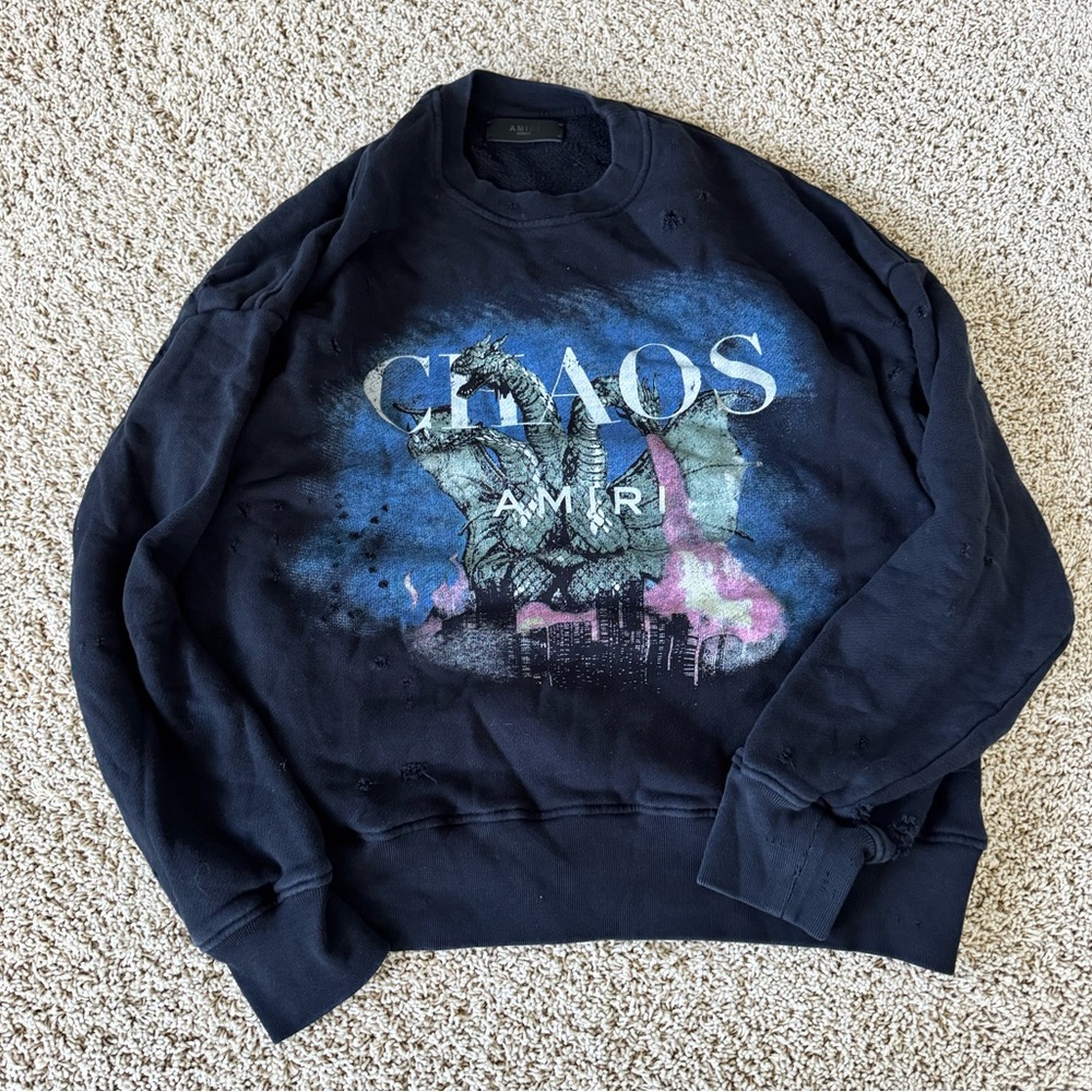 AMIRI Chaos Dragon Graphic Sweatshirt - Black and Blue Distressed